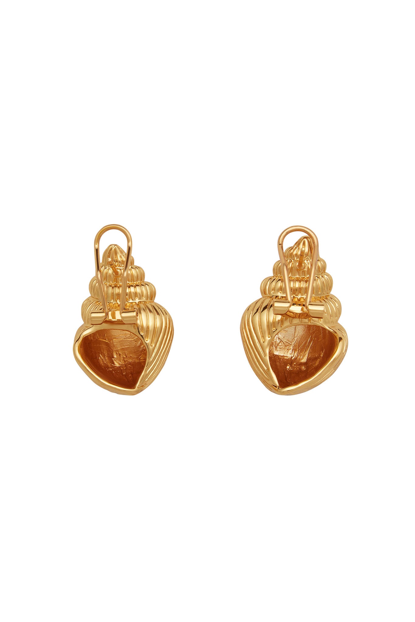 Gold seashell-shaped clip-on earrings, pair on white background.