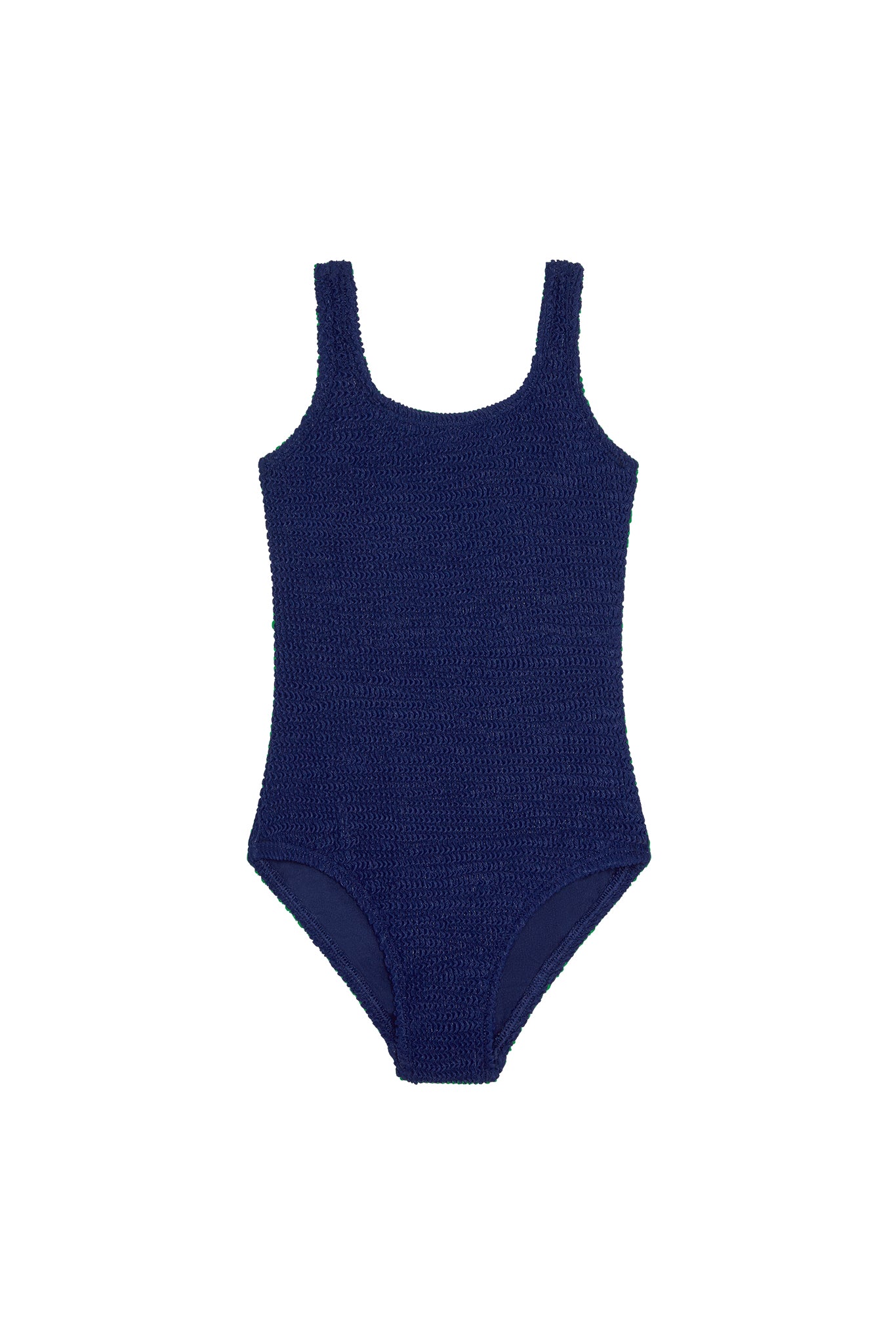 Navy textured one-piece swimsuit with scoop neckline and medium-rise leg openings