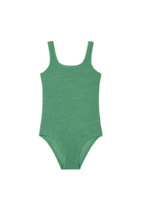Green textured one-piece swimsuit with scooped neckline and wide shoulder straps.