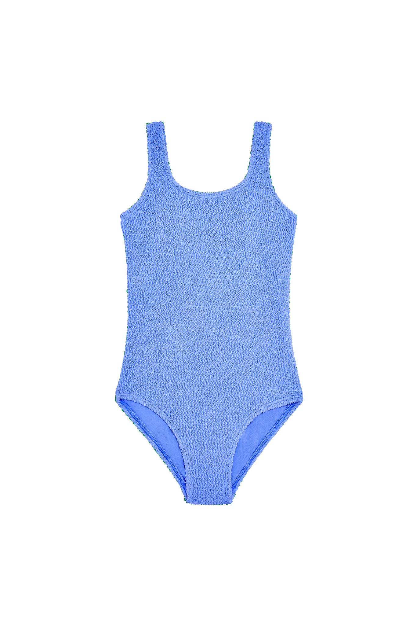 Light-blue textured one-piece swimsuit with scoop neckline and regular straps, isolated on white background.