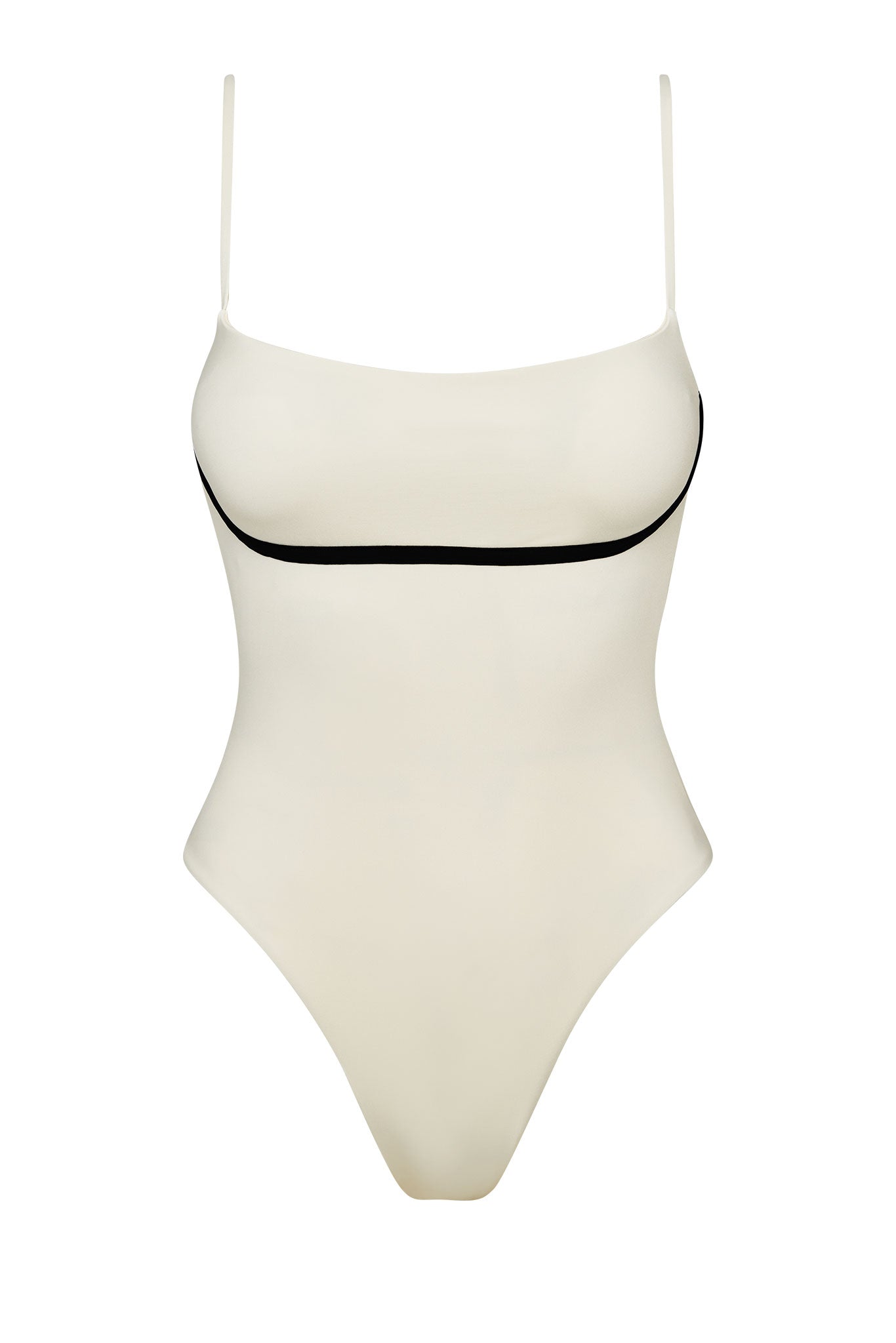 Women's one-piece cream swimsuit with thin spaghetti straps and black underbust trim