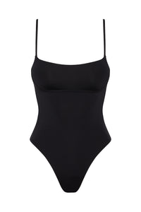 Front view of the black Sausalito One Piece showcasing its scoop neckline and adjustable shoulder straps against a white background