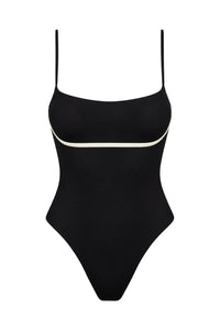 Front view of Sausalito One Piece in black with ivory underbust piping and thin shoulder straps on white background
