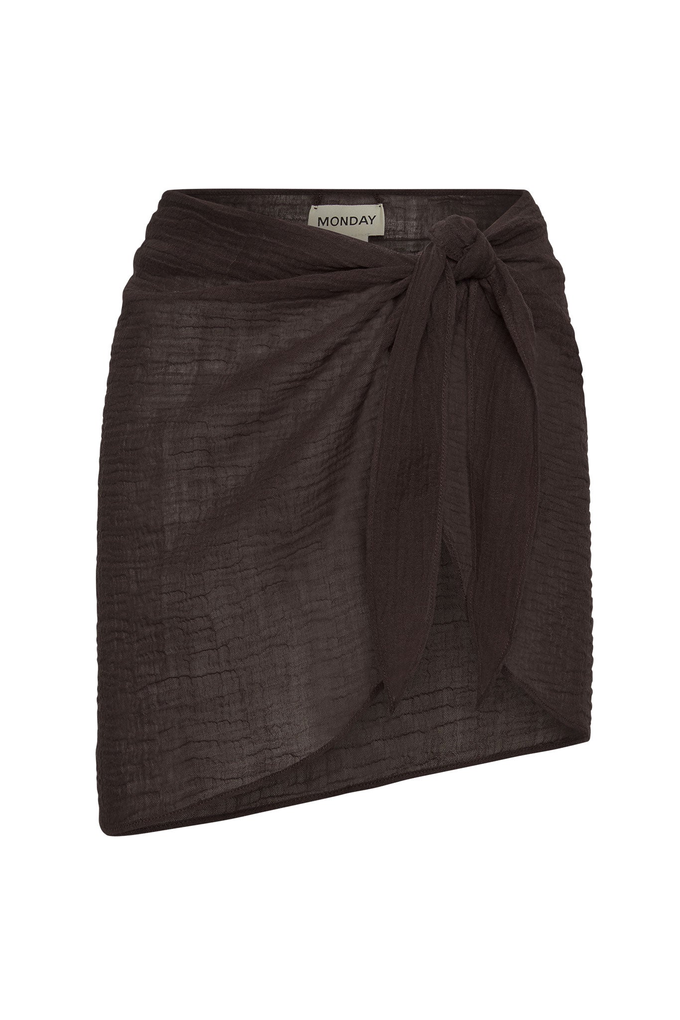 Brown crinkled wrap mini skirt with front knot and visible label MONDAY