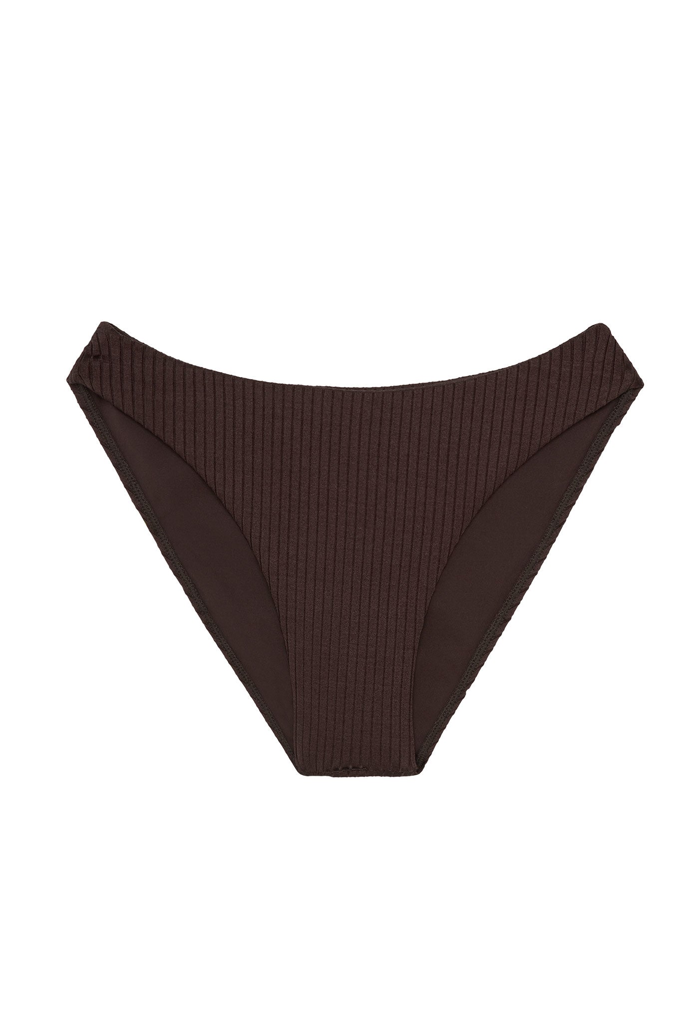 Brown ribbed high-cut bikini bottoms on white background