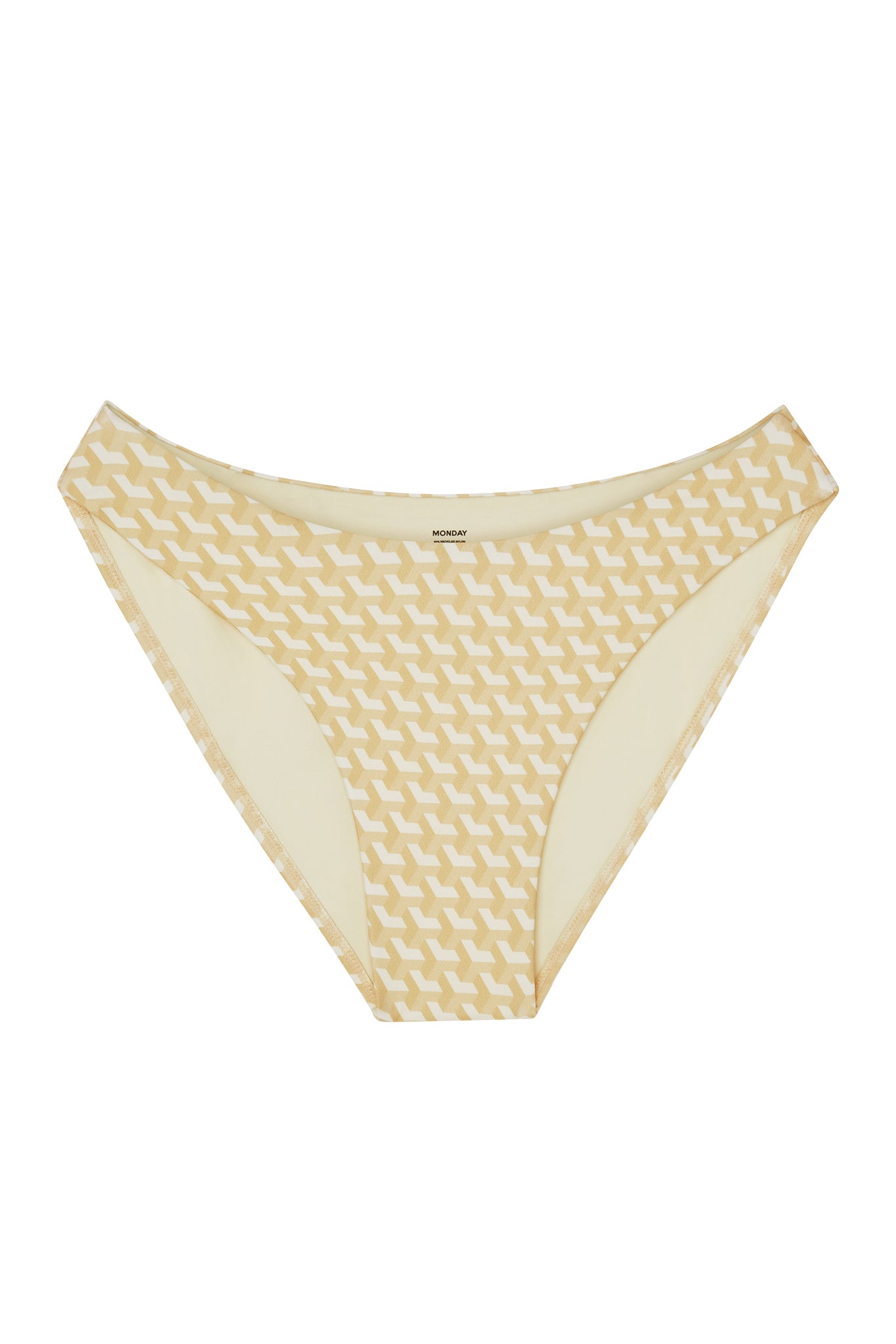 Beige patterned bikini bottom with white geometric print and MONDAY label at inner waistband