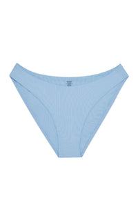 Front view of Seychelles bikini bottom in sky rib fabric showing mid-rise coverage and high-cut leg on white background