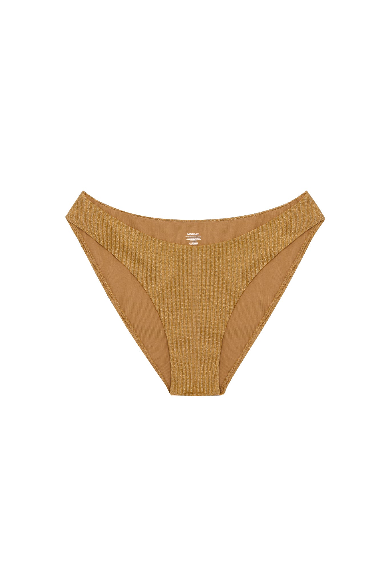 Front view of Seychelles bottom in antique gold lurex rib showing ribbed texture, high-cut leg and modest coverage on white background