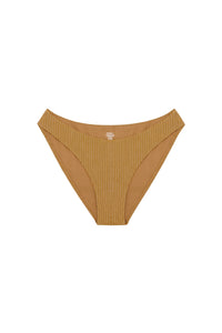 Front view of Seychelles bottom in antique gold lurex rib showing ribbed texture, high-cut leg and modest coverage on white background