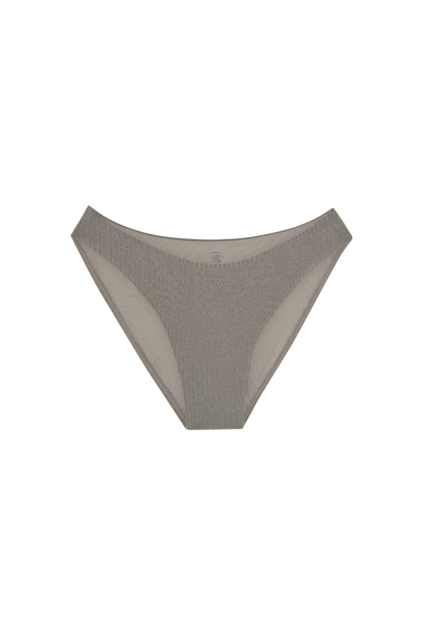 Front view of Seychelles Bottom in Steel Lurex Rib showing ribbed shimmer fabric and modest coverage on white background