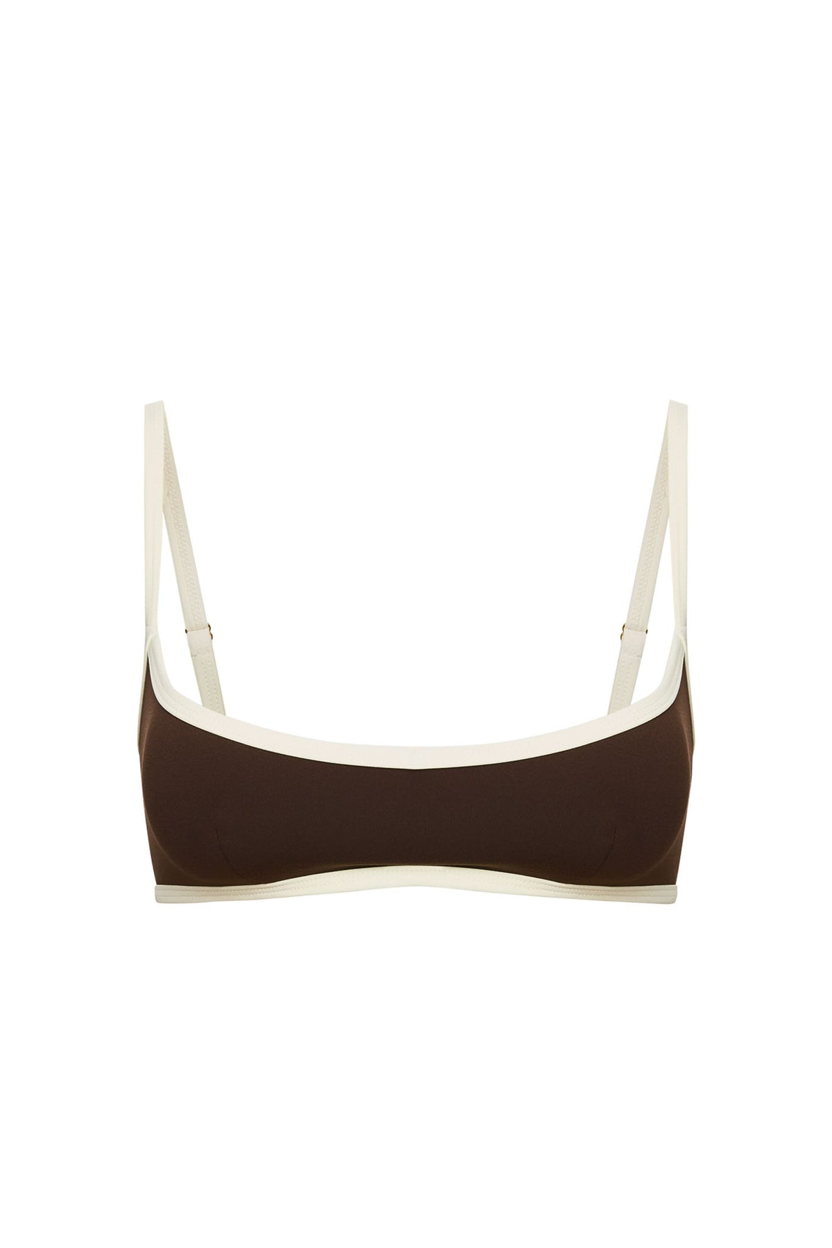 Front view of Soho Bra in Espresso/Ivory showcasing color block detail and adjustable straps on white background