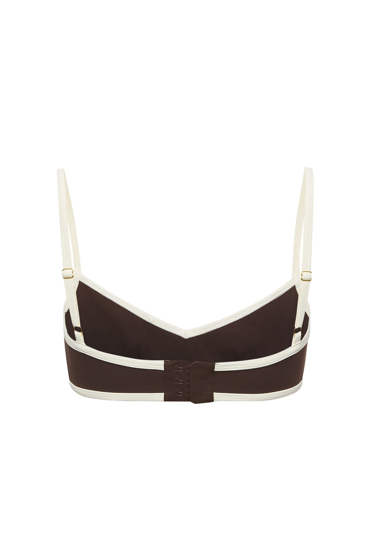 Front view of Soho Bra in espresso and ivory showing V neckline, adjustable straps, and three-hook closure against white