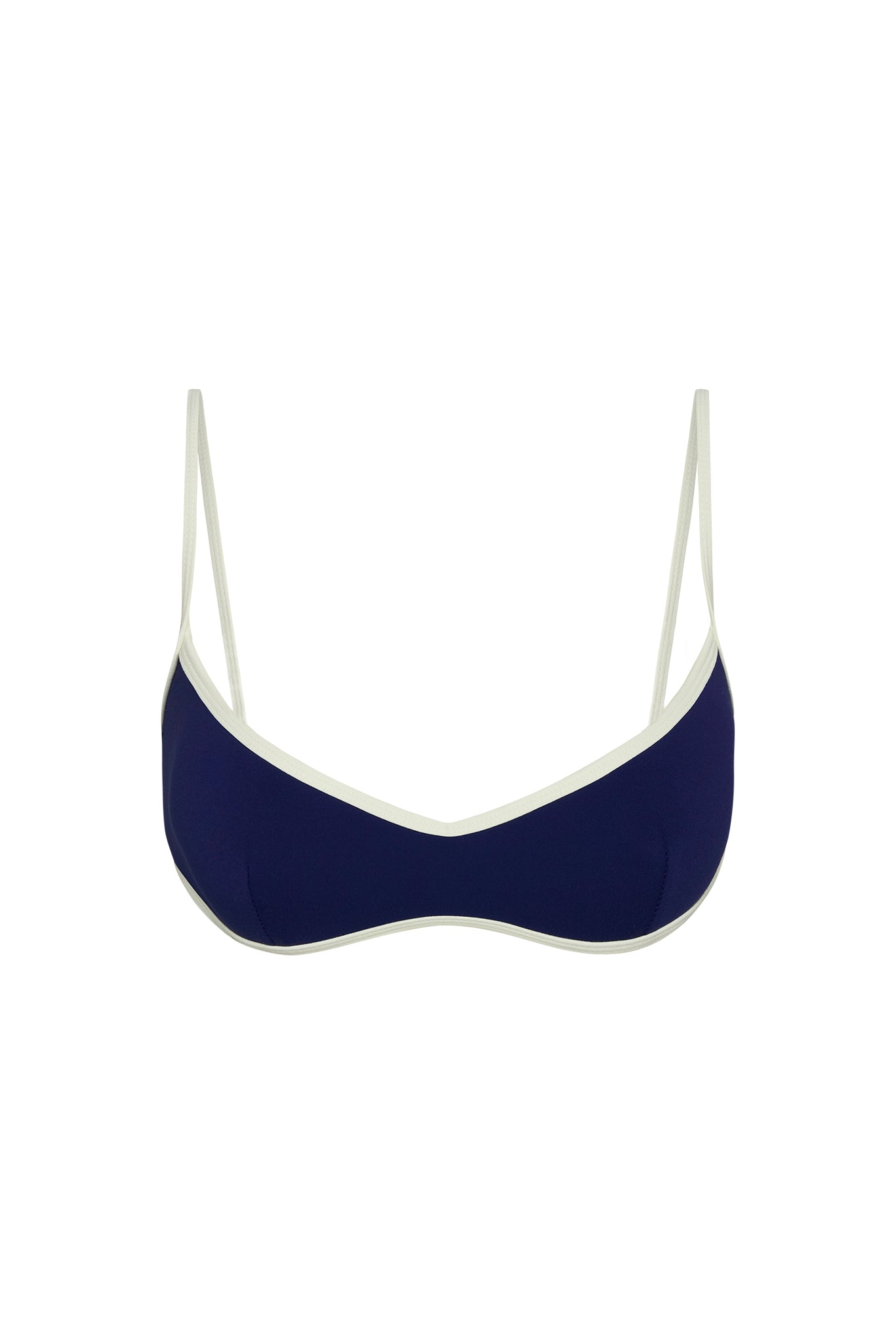 Front view of Soho Bra in midnight with ivory contrast trim, V neckline and thin adjustable straps on white background