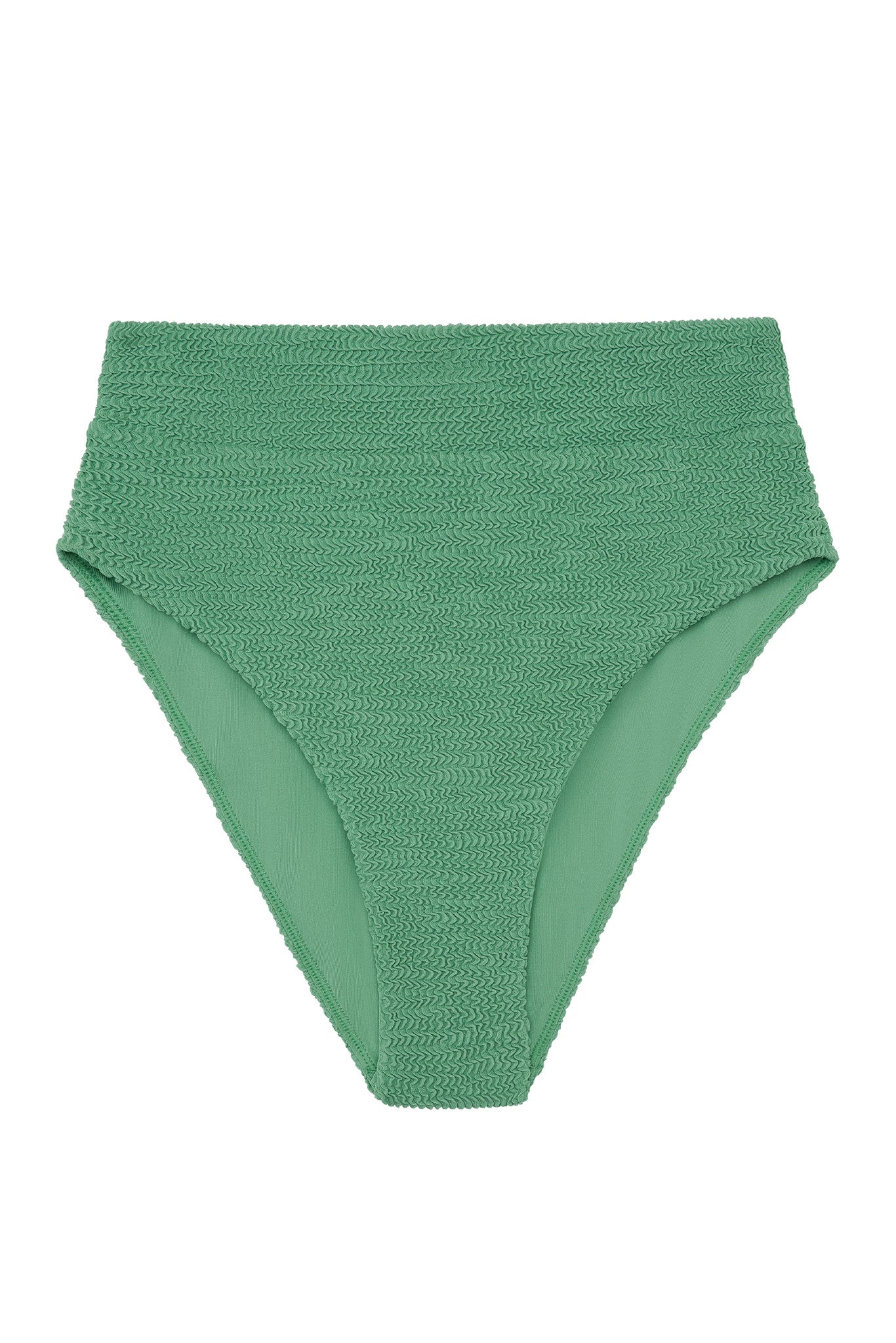 High-waisted textured green bikini bottom with smocked fabric and high-cut leg openings.