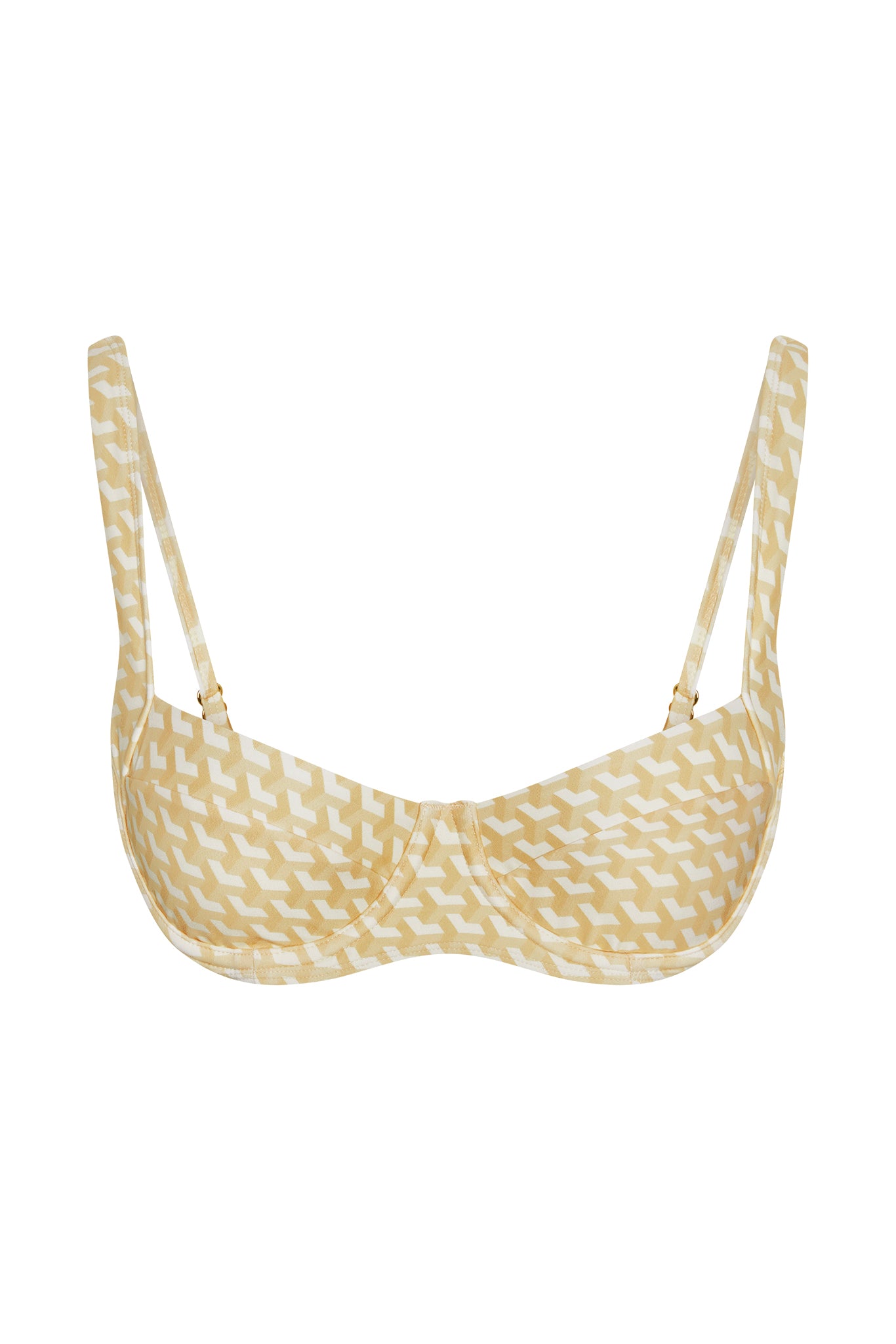 Beige and white geometric-pattern underwire balconette bikini top with adjustable shoulder straps.