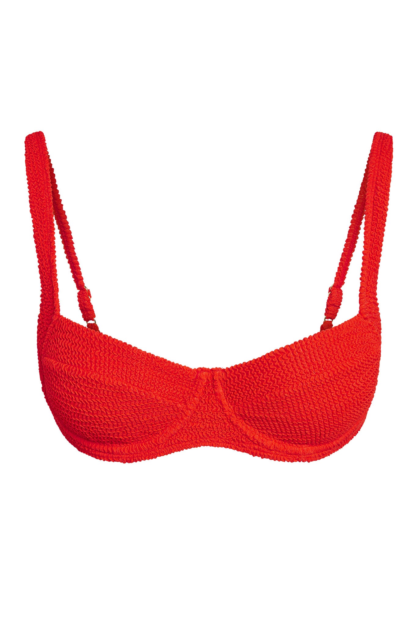 Red textured underwire bikini top with adjustable shoulder straps and seamed cups