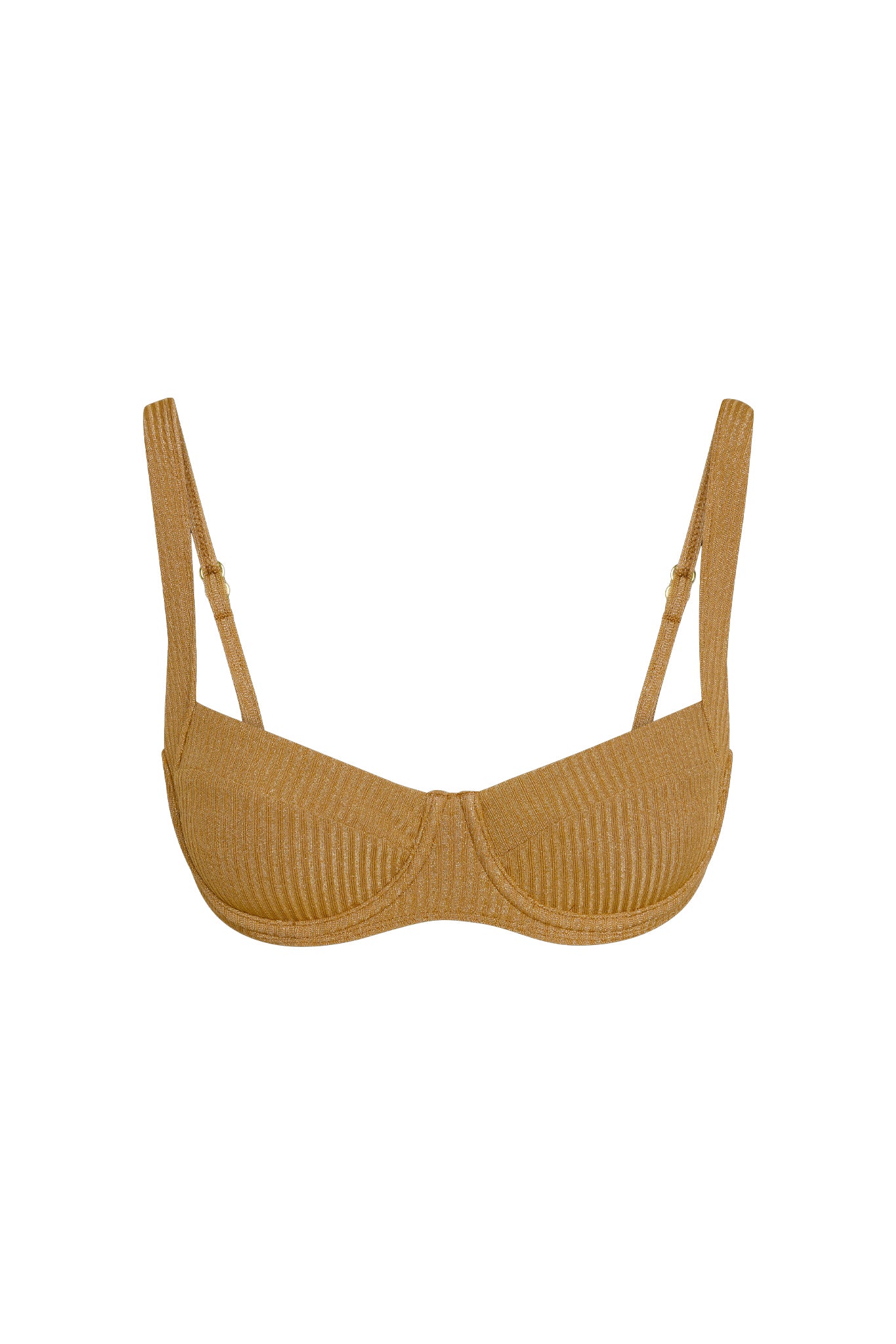 Front close-up of Sorrento Top in antique gold lurex rib showing ribbed shimmer fabric, underwire and adjustable straps