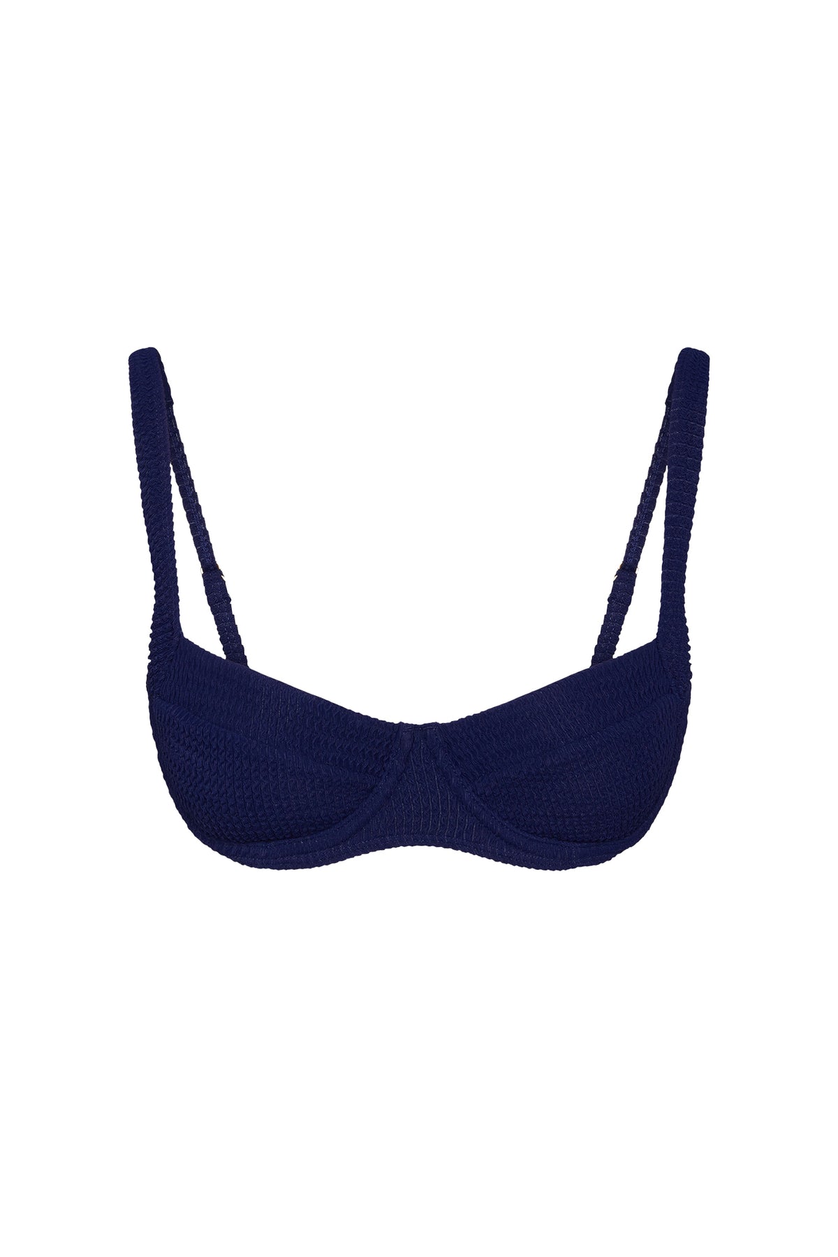 Front view of Sorrento Top - Midnight Crinkle showcasing demi shaped underwire cups and textured crinkle fabric on white background