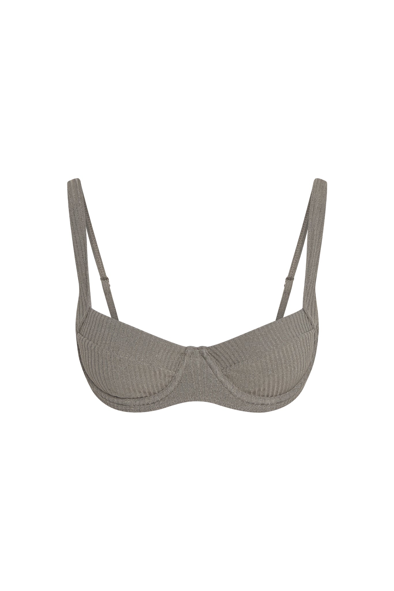 Front view of Sorrento Top in steel lurex rib showing demi underwire cups, adjustable straps, ribbed metallic knit on white