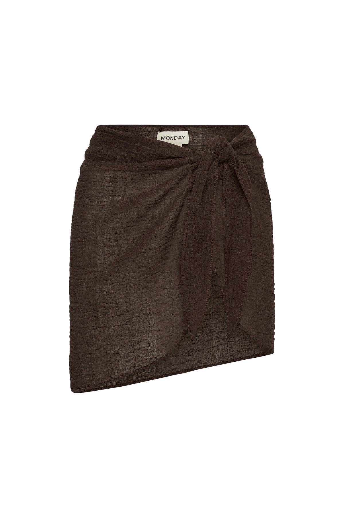 Front view of South Beach Sarong in espresso crinkle linen showcasing adjustable tie and semi-sheer fabric on white background