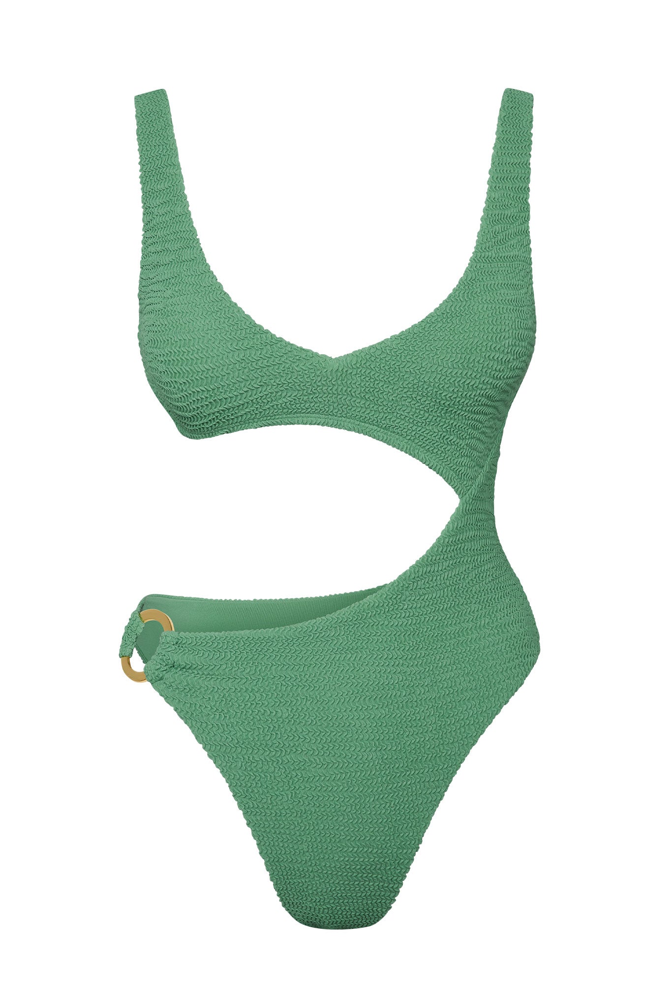 Textured green one-piece swimsuit with asymmetrical cutout and gold ring at hip