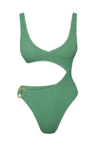Front close-up of St. Barth’s One Piece in Pond Crinkle showcasing crinkle texture, asymmetrical waist cutout and gold hip ring on white background