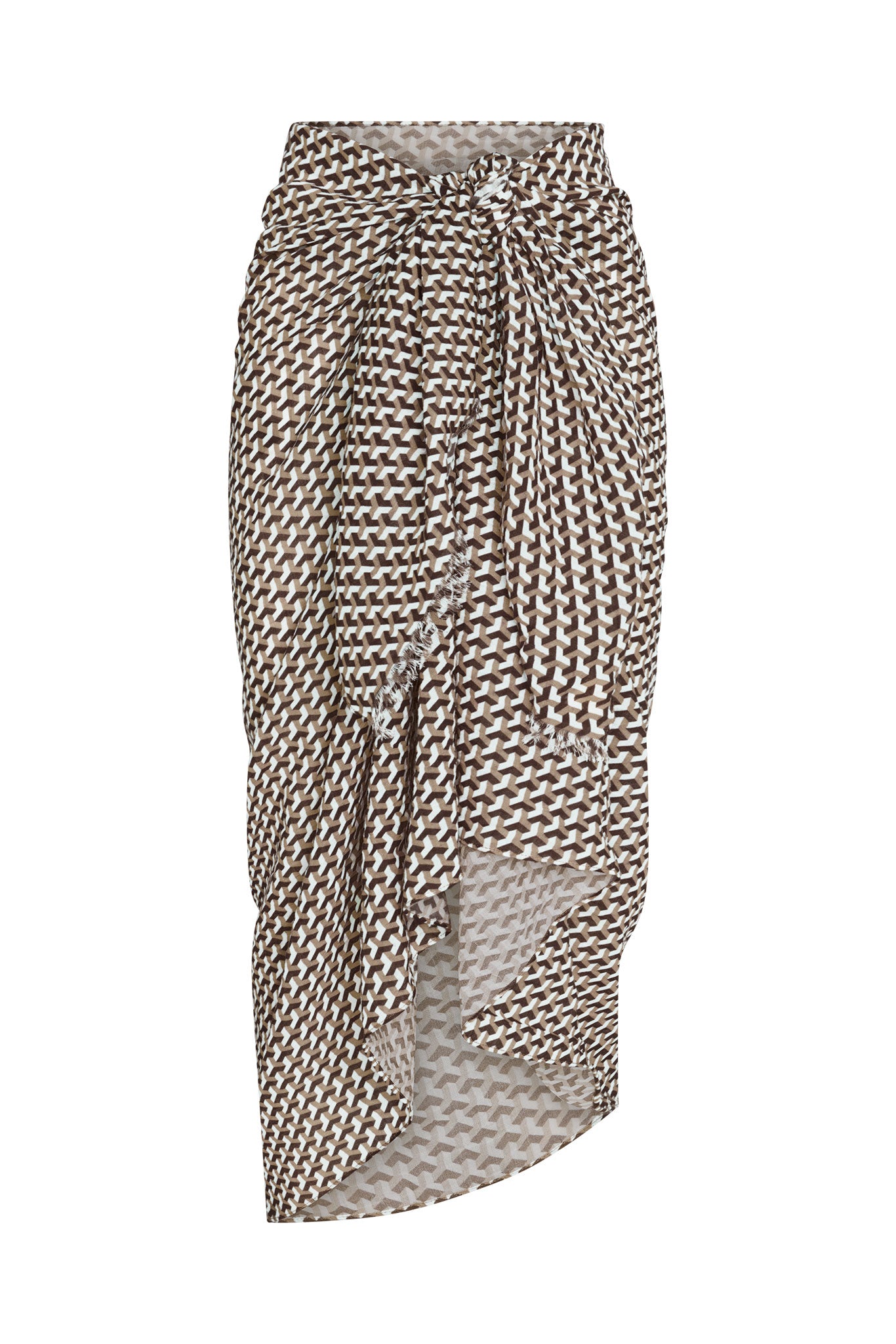 Brown and white geometric-print wrap midi skirt with front knot and asymmetric draped hem.