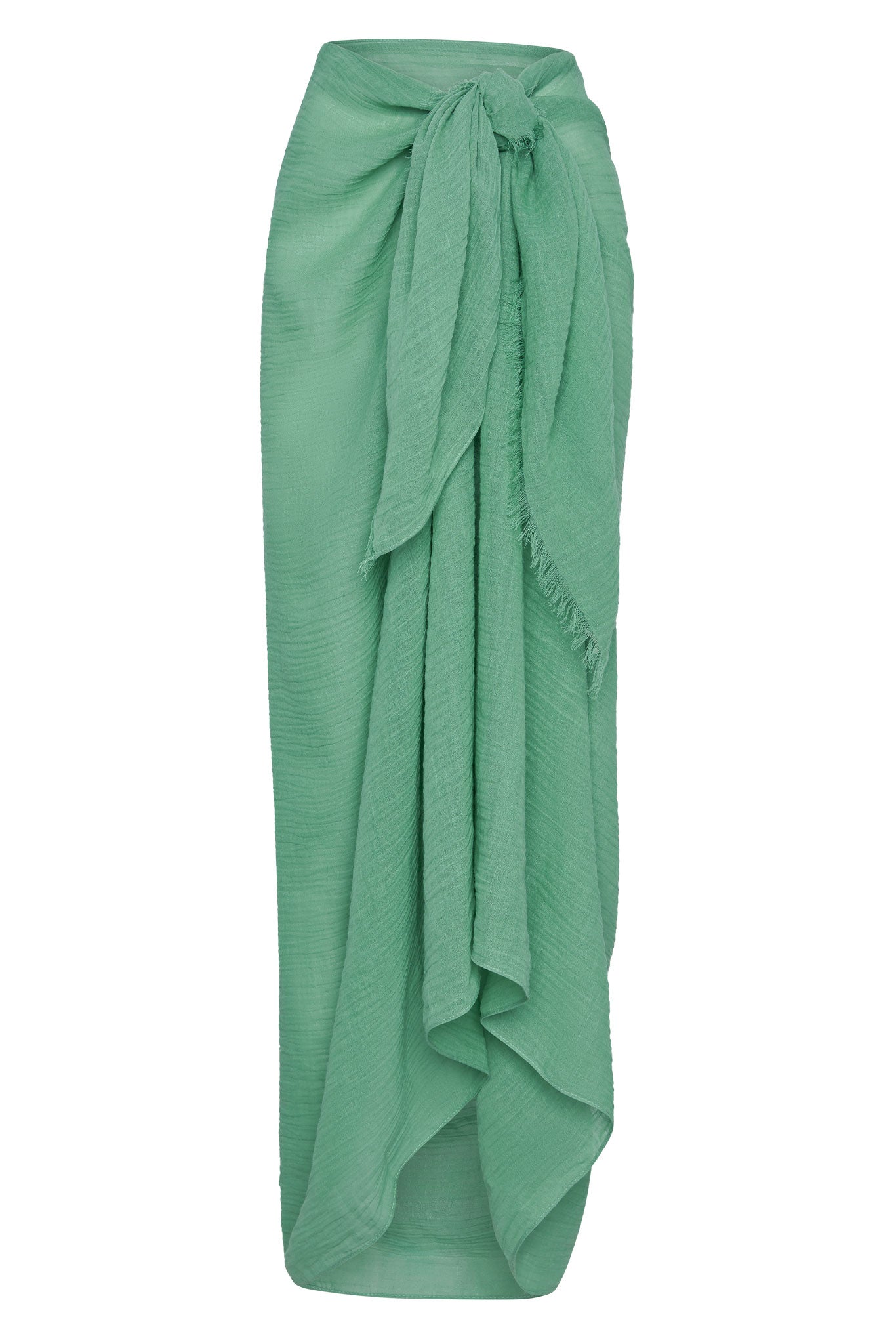 Light green crinkled sarong-style wrap skirt with front knot and frayed edge