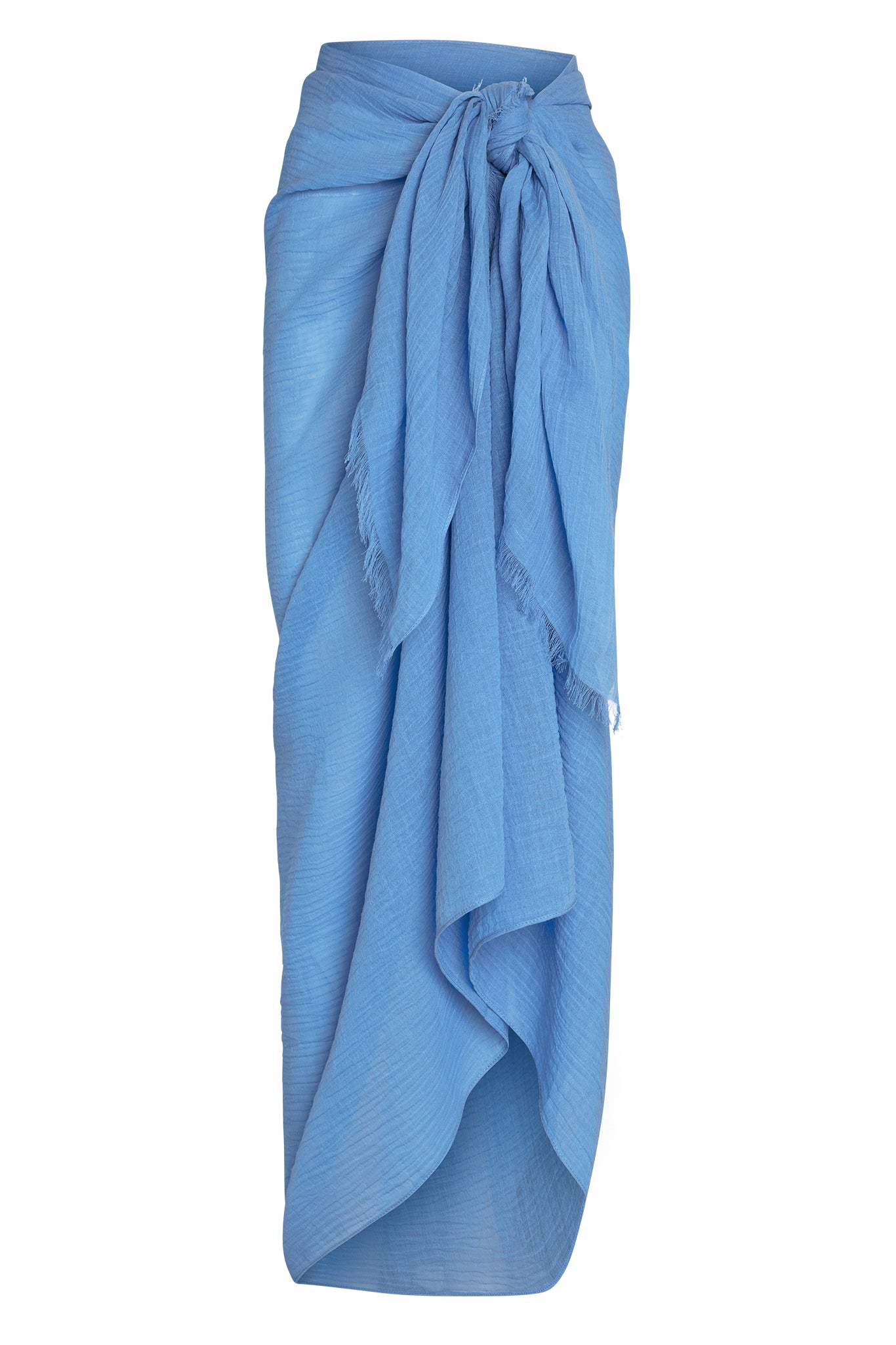 Blue gauzy sarong tied at the waist with a long draped front
