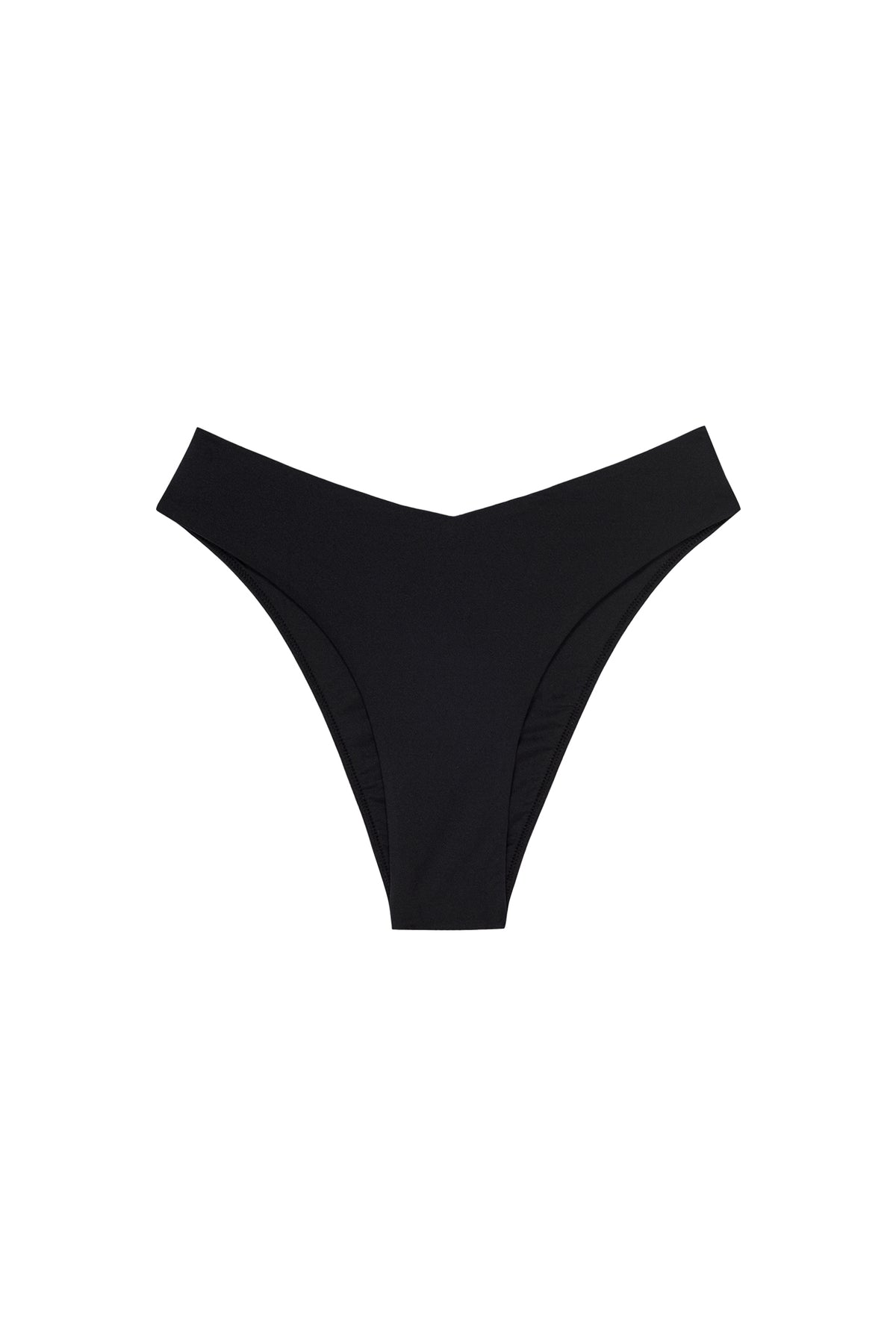 Front view of black St. Lucia bikini bottom showcasing V-front, high-leg, mid-rise cut with white background
