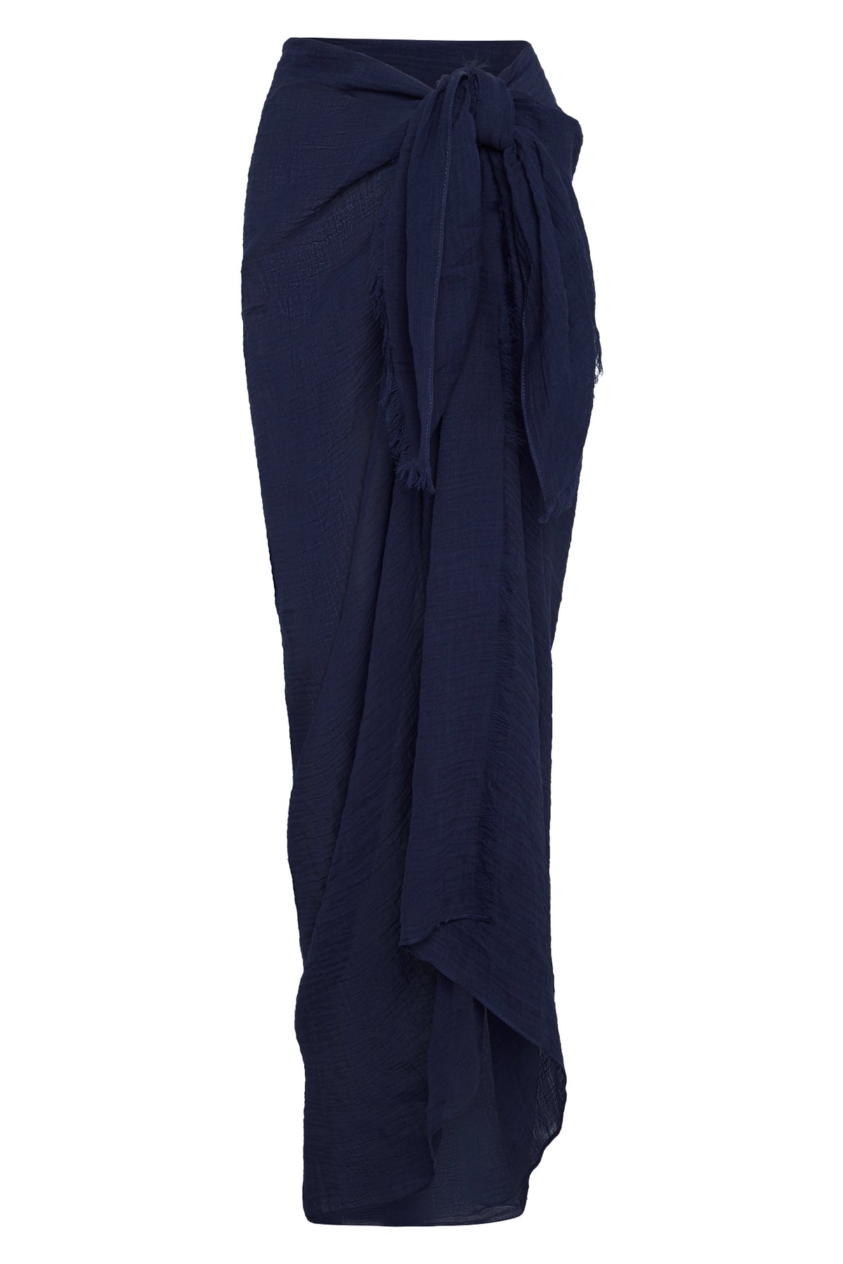 Front view of St. Tropez Sarong in Midnight Crinkle Linen showcasing tied waist and sheer crinkled fabric on white background