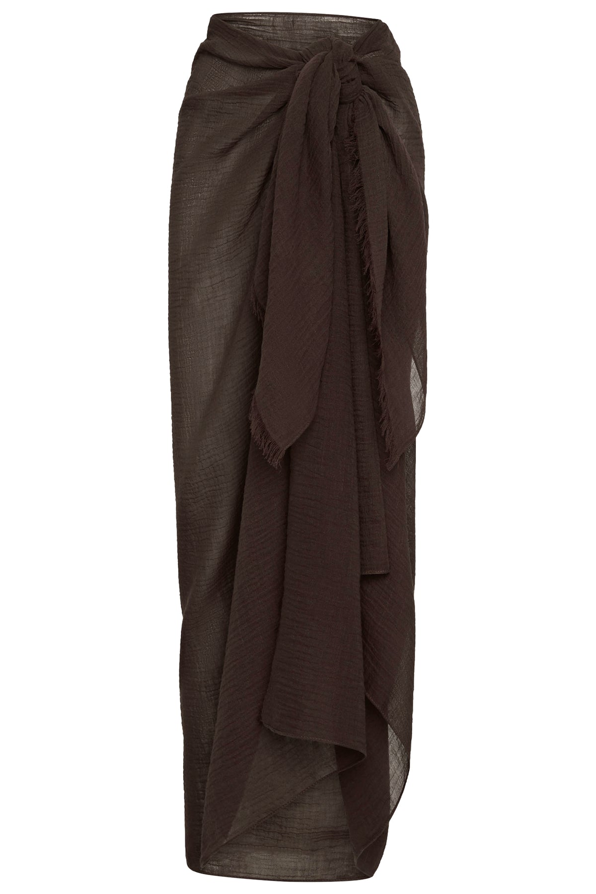 Front view of St Tropez Sarong in espresso crinkle linen showing tie waist, semi-sheer texture, and raw edges on white background