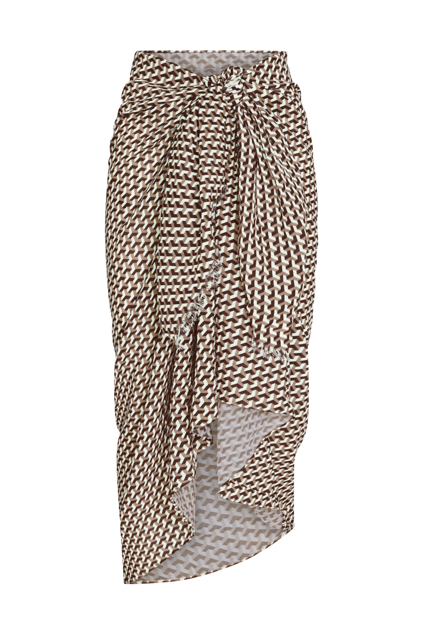 Front view of St. Tropez sarong showcasing brown Husk Geo geometric print, tied hip knot and high side slit on white background