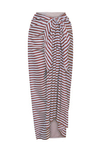 Front view of St. Tropez sarong showcasing Milano Stripe pattern and tied waist on a white background
