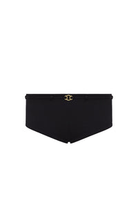 Front view of black Sydney Short with belt showcasing gold hardware and center front seam on white background