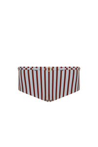Front view of Sydney Short in Milano Stripe showcasing striped fabric and gold belt hardware on white background