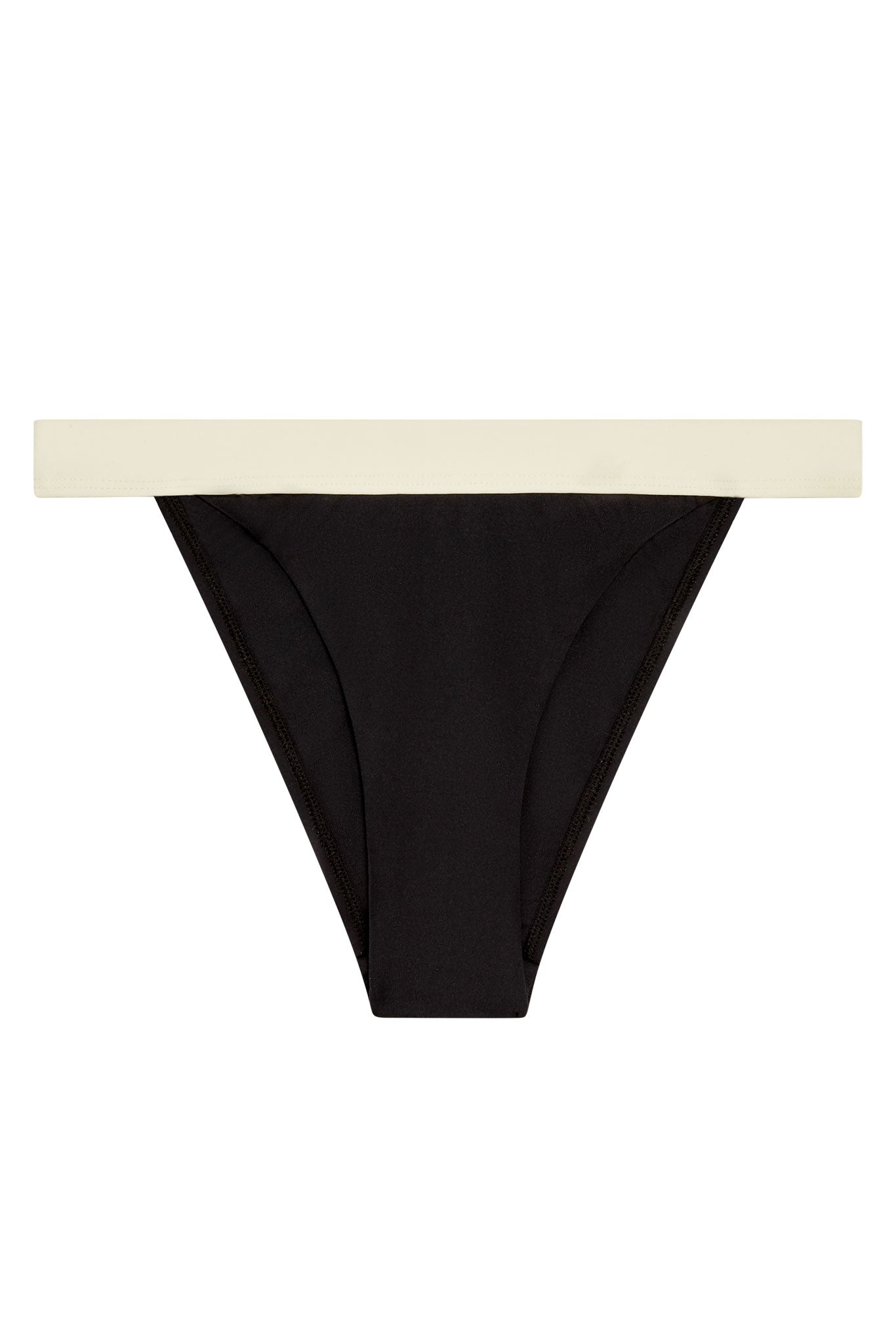 Black bikini bottom with contrasting cream waistband, high-cut style, flat-lay on white background.