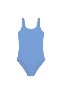 Flat-lay of Sardinia one-piece Azure Crinkle with crinkled texture, scoop neckline and wide straps on white background