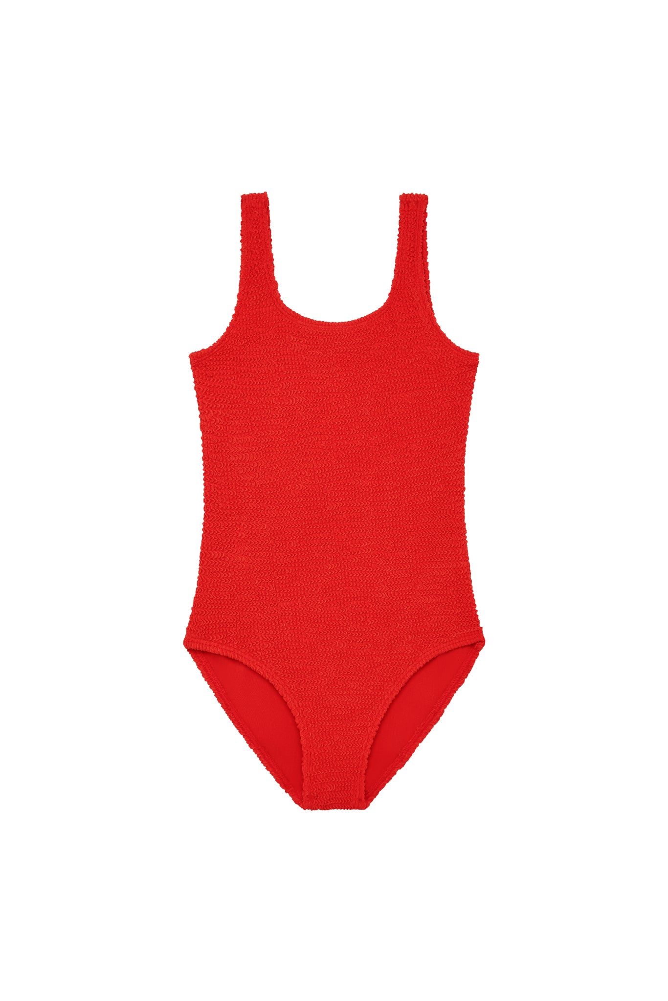 Red textured one-piece swimsuit with scoop neck, laid flat on white background.
