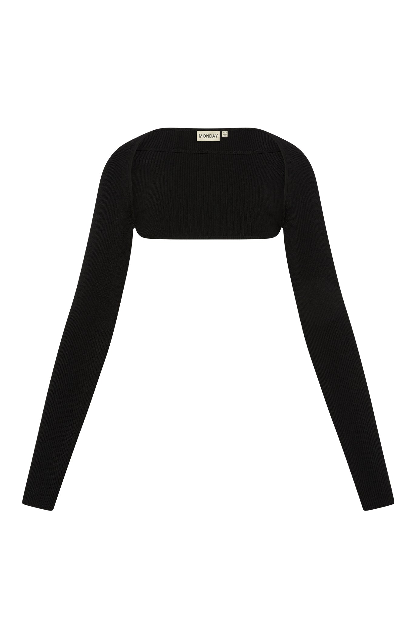 Black ribbed knit cropped shrug with long sleeves, label reading MONDAY