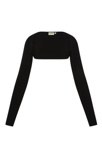 Black ribbed knit cropped shrug with long sleeves, label reading MONDAY
