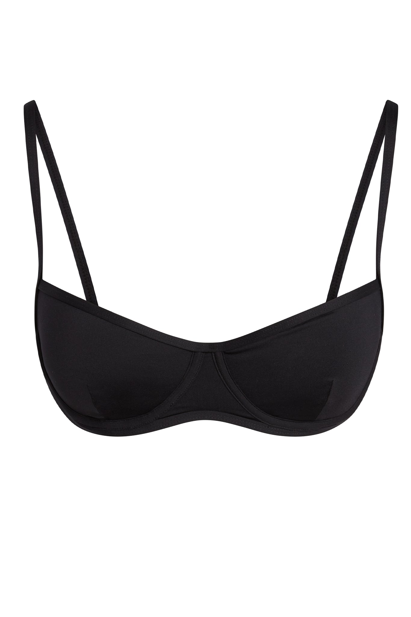 Black underwire bra with thin adjustable shoulder straps, front view on white background.