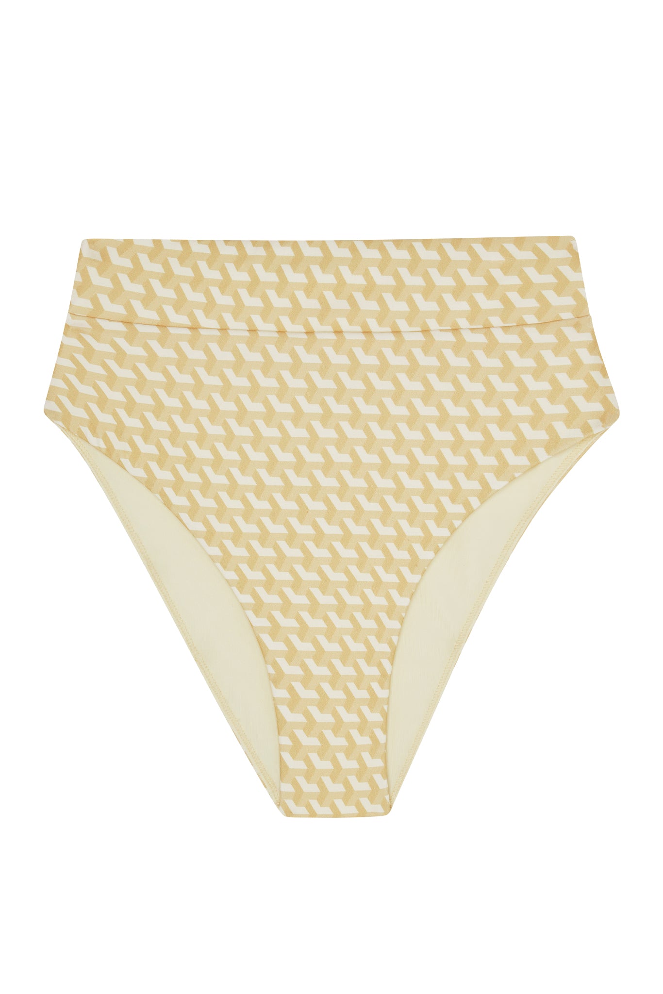 High-waist bikini bottom with pale yellow and cream geometric tessellated pattern