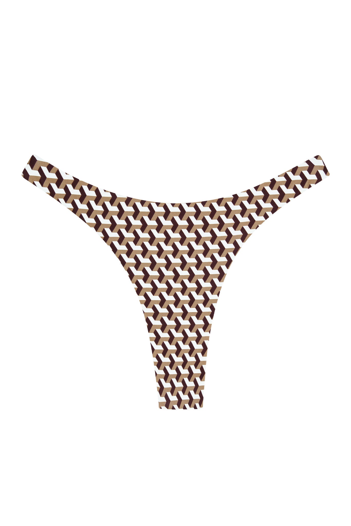 Brown and beige geometric-patterned thong bikini bottom on white background