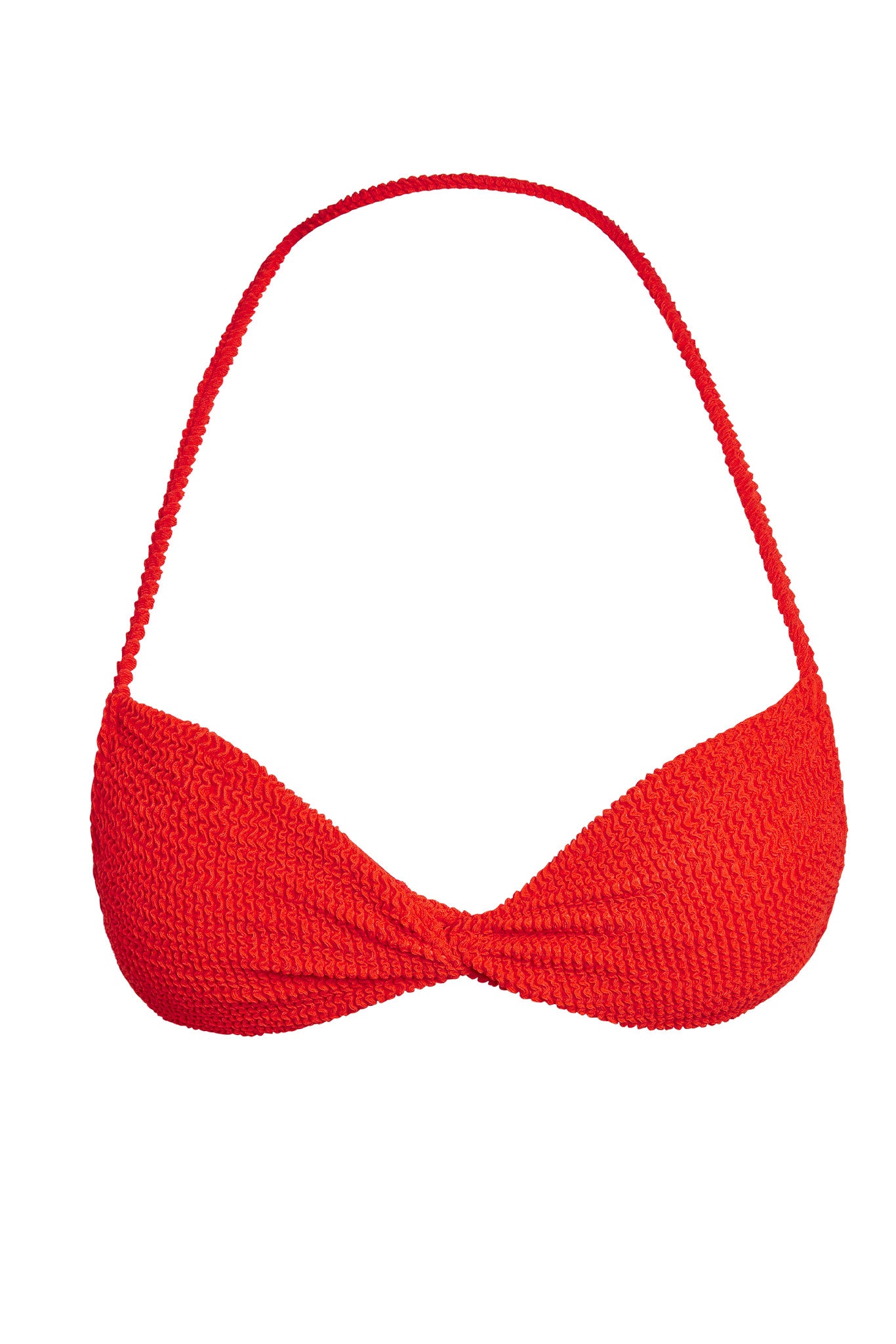 Red textured halter bikini top with twisted front on white background