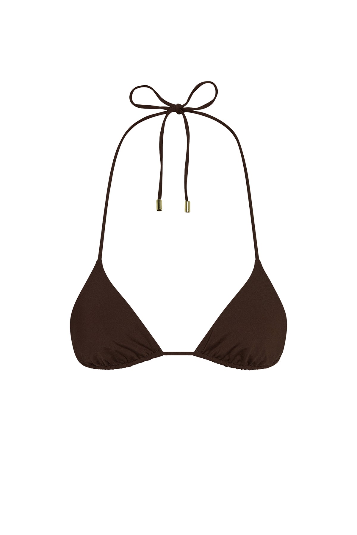 Front view of Taormina Top in Espresso showcasing triangle cups, adjustable ties, gold hardware on white background