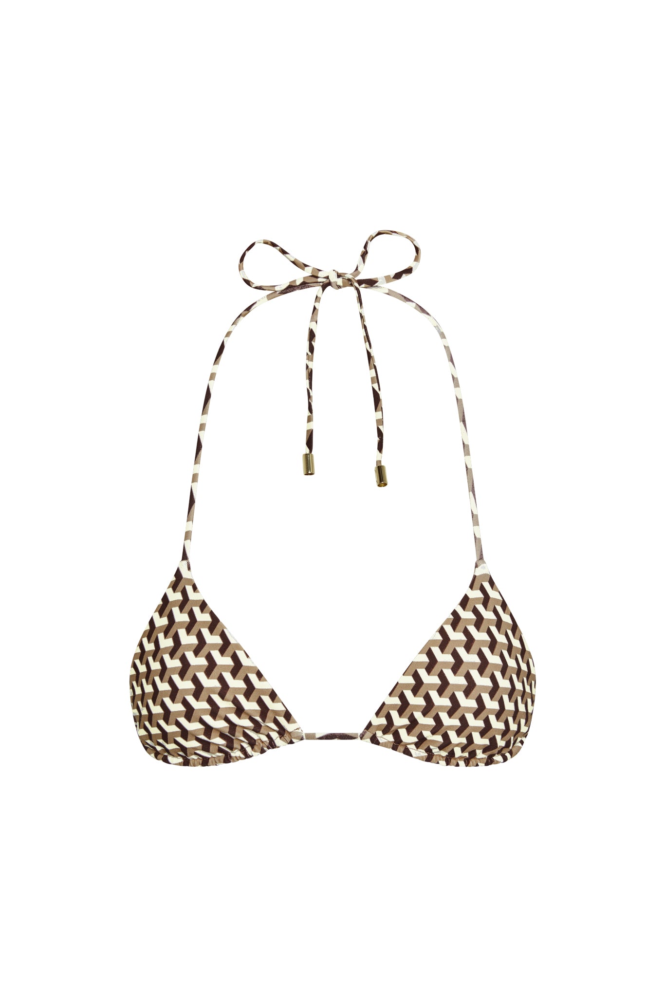 Front view of Taormina Top in Husk Geo showing triangle cups and thin halter ties with gold-tone tips