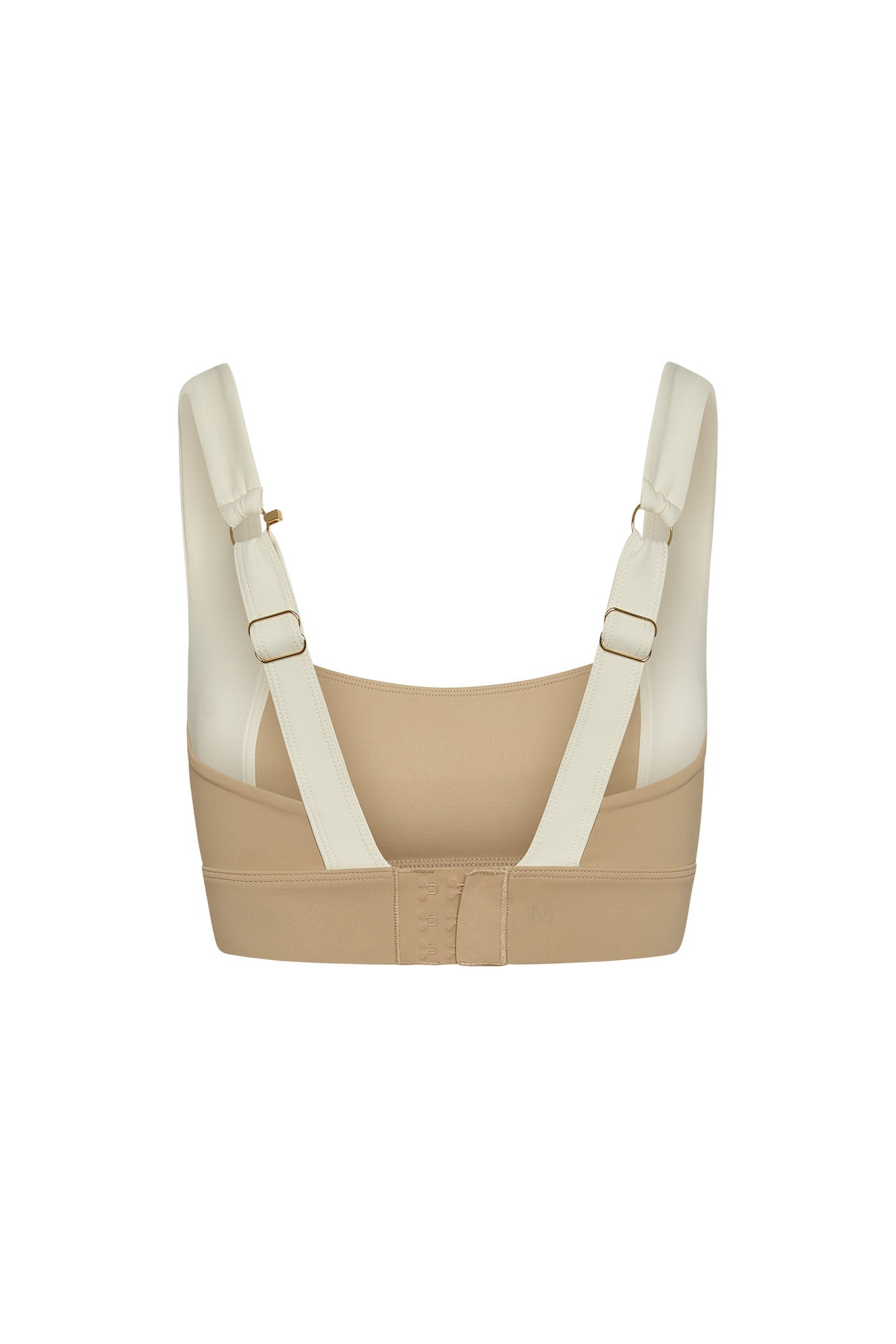Back view of a beige support bra with wide cream adjustable straps and three-row hook-and-eye closure.