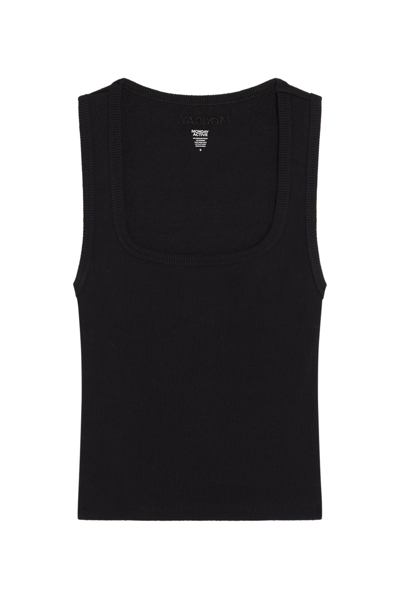 Black ribbed tank top with scoop square neckline and 'MONDAY ACTIVE' label, flat-lay on white background