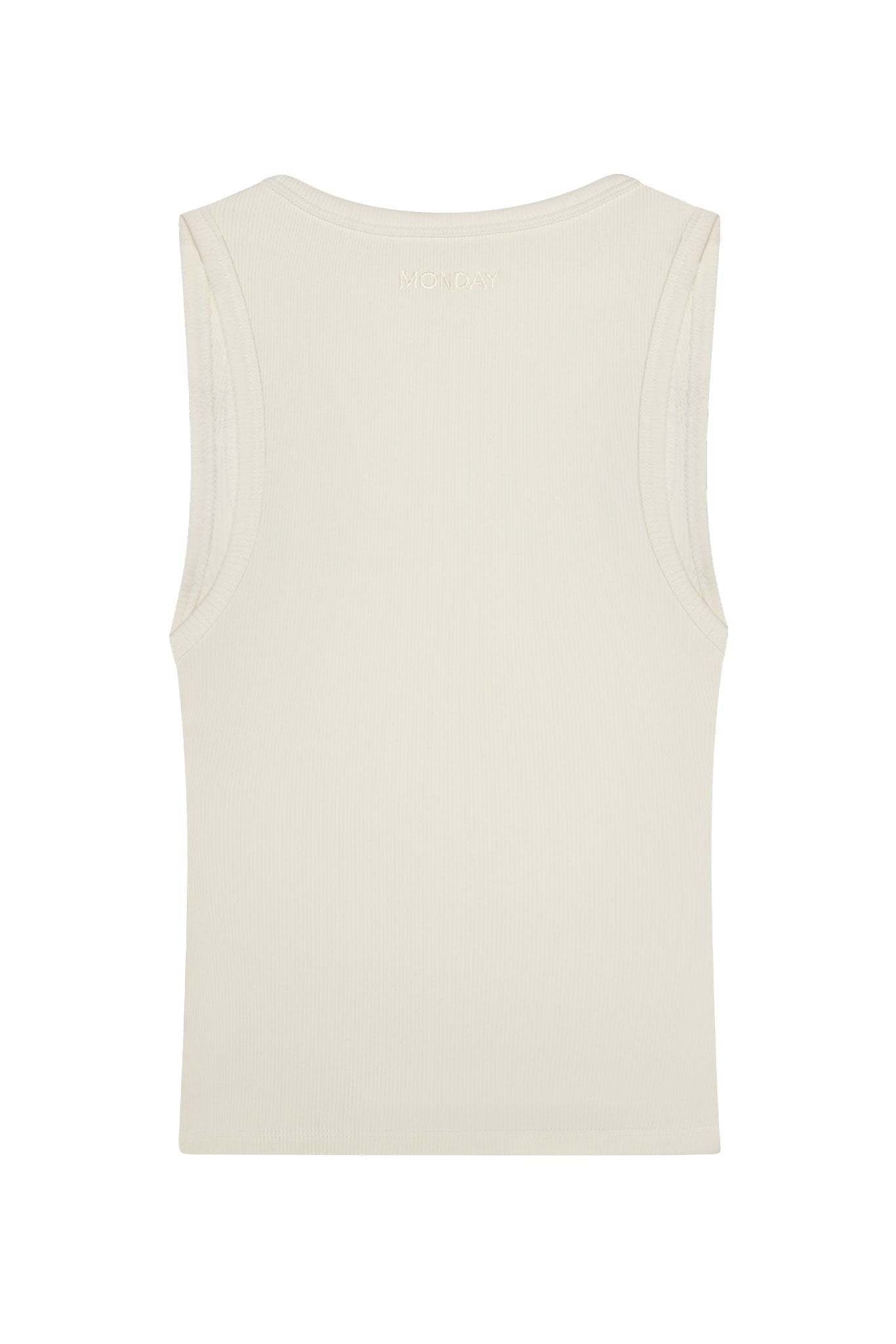 Cream ribbed tank top, back view, with 'MONDAY' embroidered at upper back.